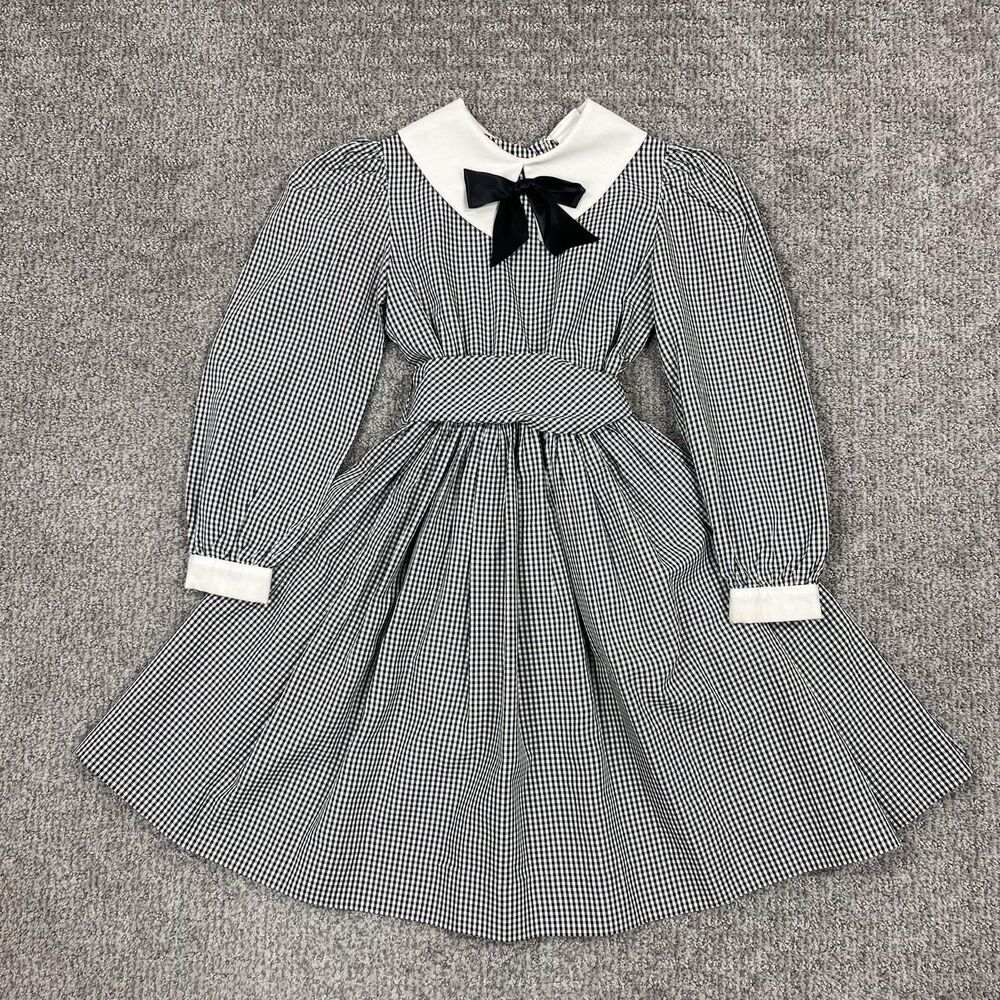 Vintage Yves Saint Laurent Dress Girls 7 Black Gingham Bow 80s 90s Retro Holiday